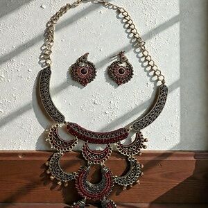 Elegant Vintage Red and Gold Statement Necklace and Earring Set